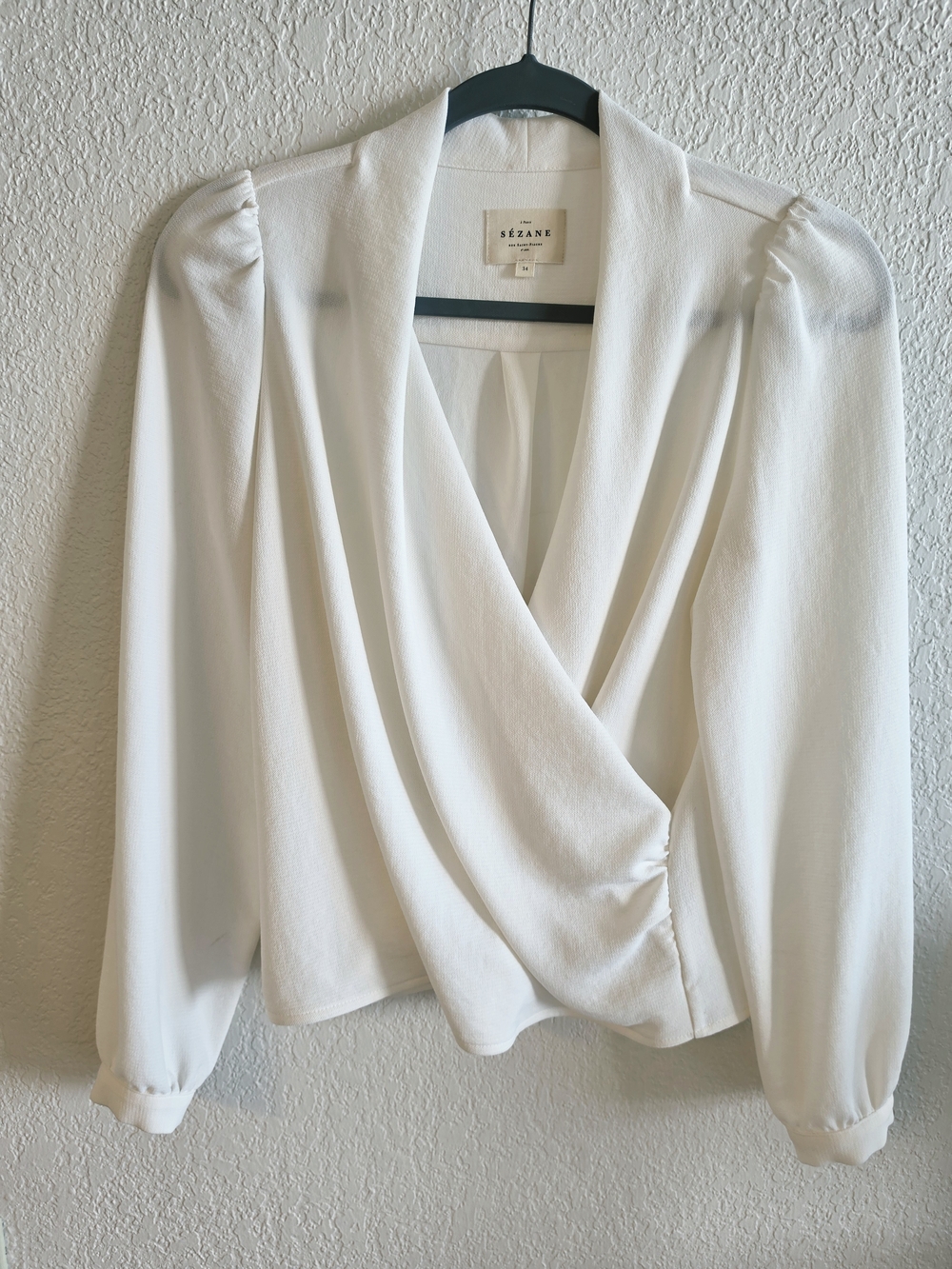 Sézane Abélia Blouse Ecru Size 34 (US 2) Wrap V-Neck Puff Sleeve Top
